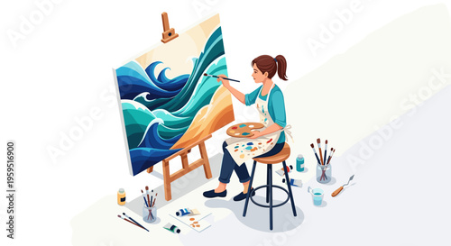 Woman painting on canvas with brushes.