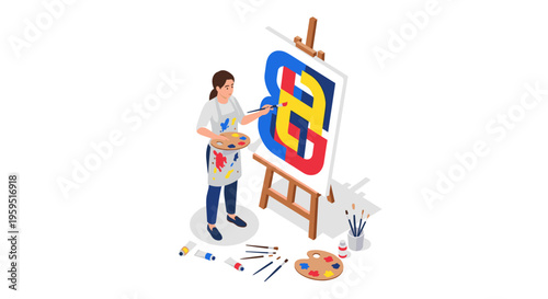 Woman painting on large canvas.