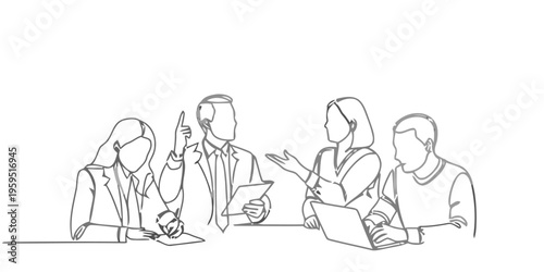 Four people are sitting at a table discussing and gesturing animatedly together.