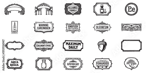 Vintage apothecary labels collection for medicine herbal products and decorative packaging