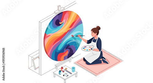 Woman painting on large canvas board.