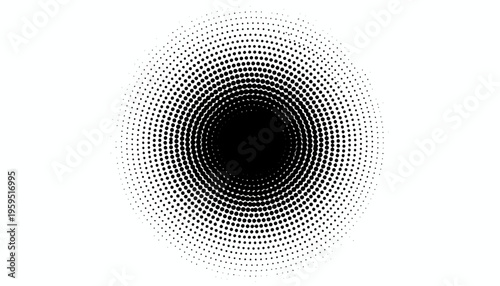 A graphic illustration of a black hole created with many small white dots on a white background.