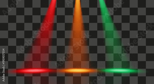Vibrant multicolored spotlights illuminating a transparent stage ideal for graphic overlays