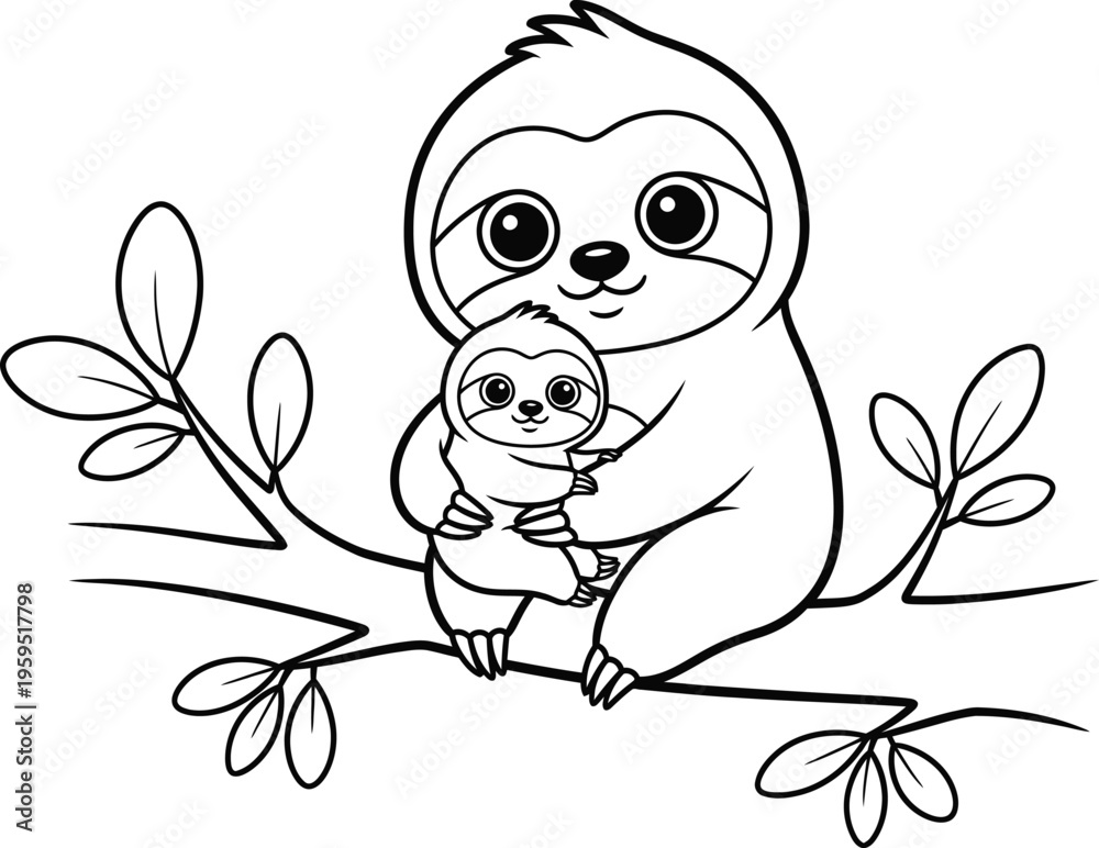 Fototapeta premium A sloth and baby sloth hugging on a tree branch