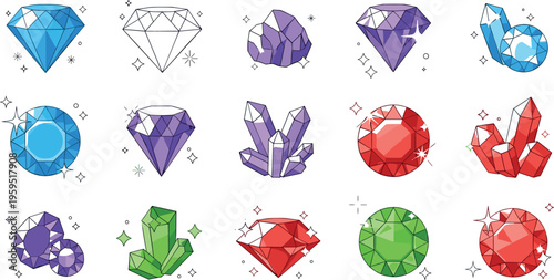 Colorful Gemstone and Crystal Icon Set with Diamond, Ruby, Emerald and Amethyst Shapes for Jewelry Design, Luxury Assets and Fantasy Game Elements