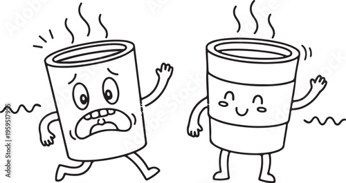 Two cartoon coffee cups display contrasting emotions in a playful silhouette high quality