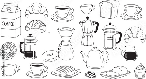 Breakfast items including coffee pastries and teapots in a clean silhouette high quality