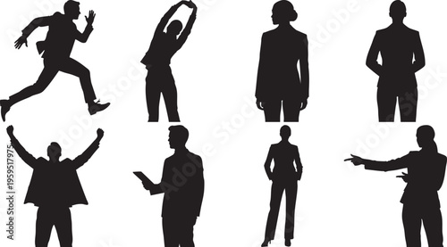 Collection of various black silhouettes of people in different poses