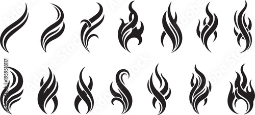 Collection of tribal flame designs bold black shapes against a white background silhouette