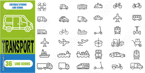 Minimalist Transport and Logistics Vector Icon Set - Modern Vehicle Line Art for Shipping, Travel, and Urban Mobility