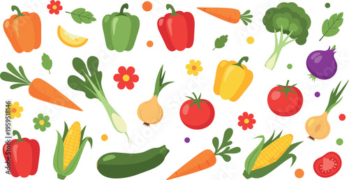 Colorful Vegetable Collection Vector Set with Bell Pepper, Carrot, Tomato, Corn and Broccoli for Healthy Food, Organic Cooking and Fresh Produce Design