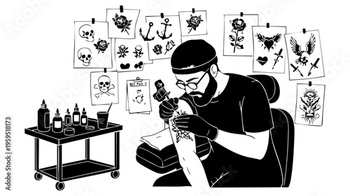 A professional tattoo artist focused on tattooing a floral design onto a client in a studio shop isolated on transparent background, Vector