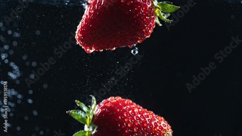Fresh Strawberries Splashing into Water with Bubbles on Black Background.