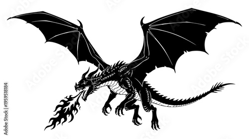 A fierce black silhouette of a mythical dragon in flight breathing out a stream of hot flames isolated on transparent background, Vector