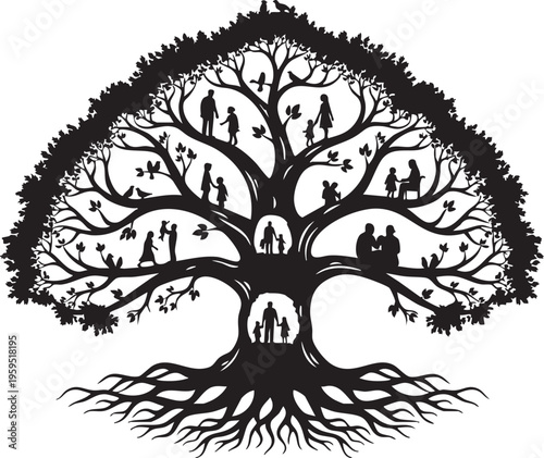 Black silhouette of a large spreading family tree featuring many people within its intricate limbs isolated on transparent background, Vector