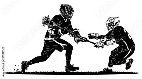 Two lacrosse players competing for the ball during an intense high school or college field match isolated on transparent background, Vector