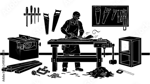 A skilled carpenter working with wood at his workshop workbench surrounded by professional tools isolated on transparent background, Vector