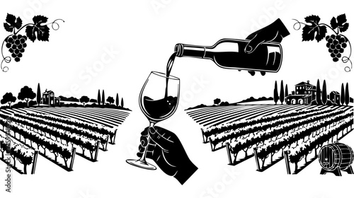 Black and white illustration of wine being poured into a glass amidst a scenic vineyard landscape isolated on transparent background, Vector