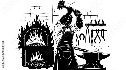 A muscular blacksmith striking glowing metal on an anvil inside a traditional workshop forge room isolated on transparent background, Vector
