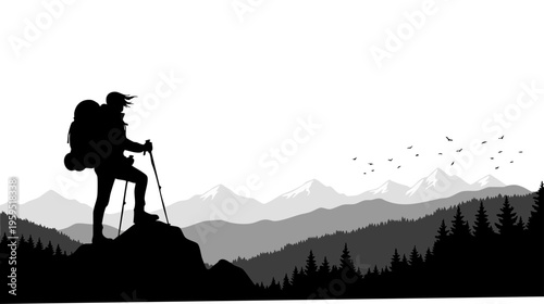 Silhouette of a lone backpacker standing on a mountain peak overlooking a vast pine forest range isolated on transparent background, Vector