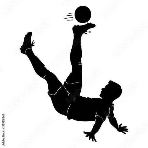 Black silhouette of a soccer player executing an athletic bicycle kick with a moving football ball isolated on transparent background, Vector