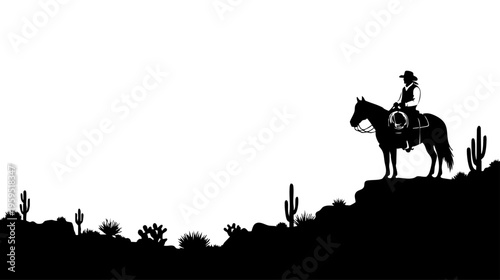 Black silhouette of a lone cowboy riding a horse across the arid desert landscape at sunset time isolated on transparent background, Vector