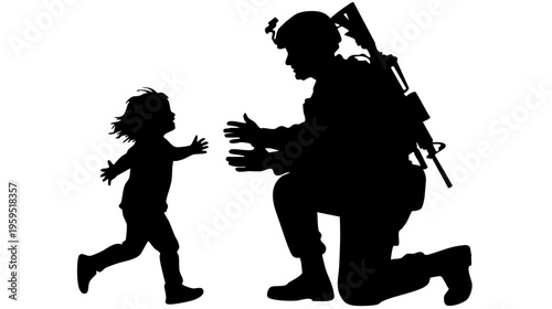 A silhouette of a soldier kneeling to welcome a small child running towards them for a reunion isolated on transparent background, Vector