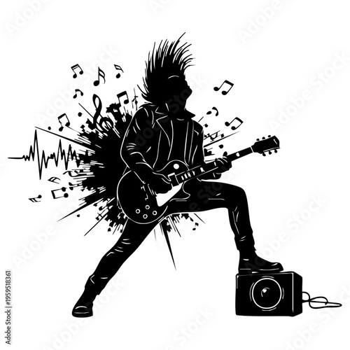 Silhouette of an energetic rock guitarist performing with an electric guitar and music notes isolated on transparent background, Vector