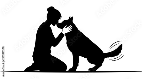 A silhouette illustration of a woman kneeling down to affectionately pet her loyal german shepherd isolated on transparent background, Vector
