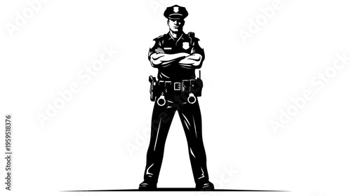 A stern police officer standing with arms crossed wearing a traditional uniform and duty equipment isolated on transparent background, Vector