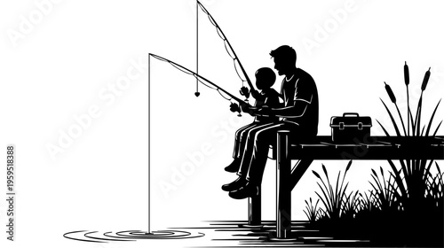A silhouette of a father and his young child sitting on a wooden pier while fishing in the water isolated on transparent background, Vector