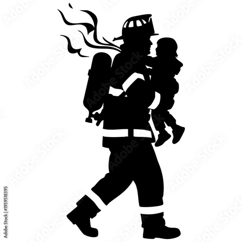 A brave firefighter in full protective gear carrying a small child to safety from a dangerous fire isolated on transparent background, Vector