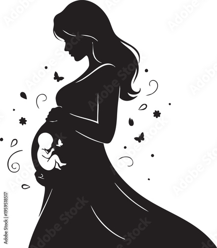 Black silhouette of a pregnant woman with a fetus visible inside her womb surrounded by butterflies isolated on transparent background, Vector