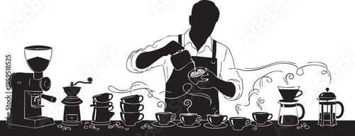 Professional barista preparing aromatic coffee beverages at a cafe counter with brewing equipment isolated on transparent background, Vector