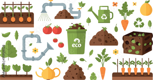 Sustainable Gardening and Composting Vector Set with Recycling Bin, Irrigation Pipes, Vegetables and Organic Farming Elements for Eco Friendly Agriculture Design