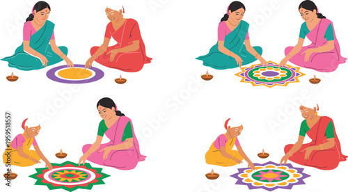 Indian women in traditional sarees creating colorful rangoli sand art patterns with diya oil lamps for diwali festival.
