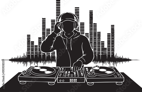Black silhouette of a professional dj wearing headphones and mixing tracks on vinyl turntables isolated on transparent background, Vector