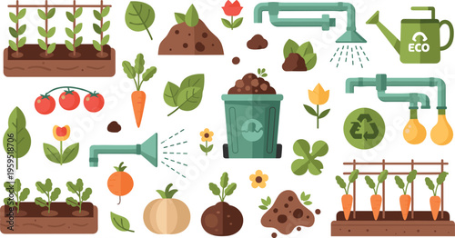 Eco Gardening and Sustainable Farming Vector Set with Irrigation System, Recycling Elements, Vegetables and Organic Garden Tools for Green Agriculture Design
