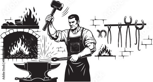A muscular blacksmith striking glowing hot metal with a heavy hammer at a traditional forge anvil isolated on transparent background, Vector