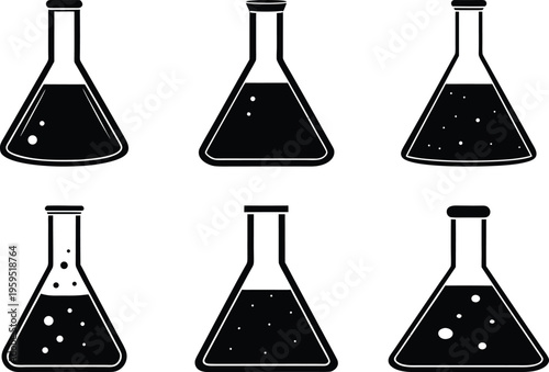 Chemistry laboratory science conical flask icon set vector