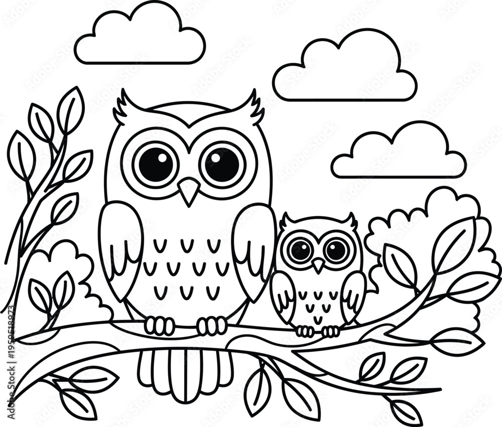 Fototapeta premium Two owls perched on a branch under cloudy skies