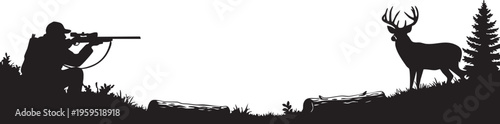 Black silhouette of a hunter aiming a rifle at a wild deer standing near a coniferous pine tree isolated on transparent background, Vector