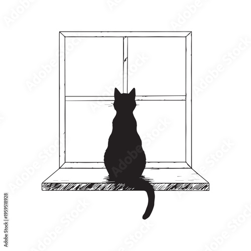 Black cat sitting on a windowsill looking out the window pencil sketch illustration