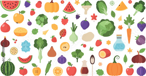 Colorful Fruits and Vegetables Mega Collection with Pumpkin, Watermelon, Apple, Broccoli and Organic Food Elements for Healthy Diet and Farm Design