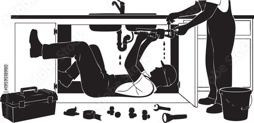 Two professional plumbers working together to repair a leaking kitchen sink pipe in a home kitchen isolated on transparent background, Vector