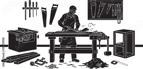 A skilled carpenter working with wood at his workshop workbench surrounded by professional tools isolated on transparent background, Vector