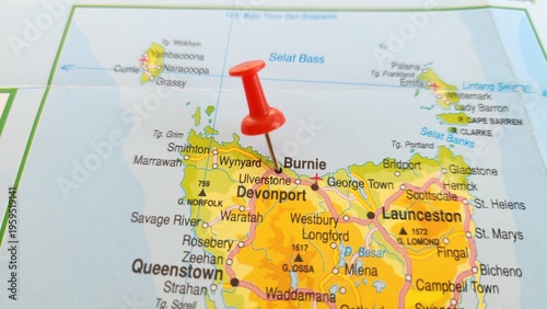 View of Burnie, is a port city located on the north-west coast of Tasmania, Australia, on a geographical map of Australia and New Zealand, marked with red pushpin