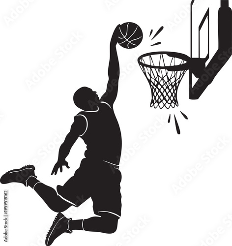 A dynamic silhouette of a professional basketball player executing a powerful slam dunk maneuver isolated on transparent background, Vector