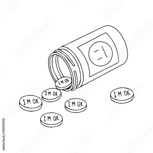 Minimalist line art illustration of a spilled pill bottle with I'm OK text on pills mental health concept
