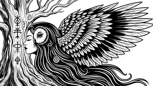 Mystical Owl Woman with Tree and Runes - Fantasy Art